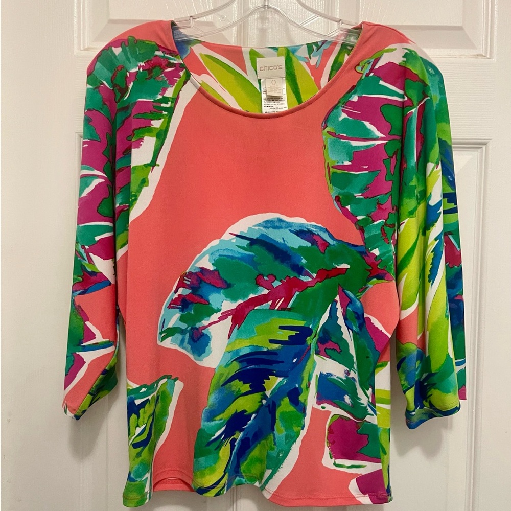 CHICO’S 3/4 Dolman Kimono Sleeve Tropical Palm Leaf Top Coral Blue Sz 0 (S/4-6)